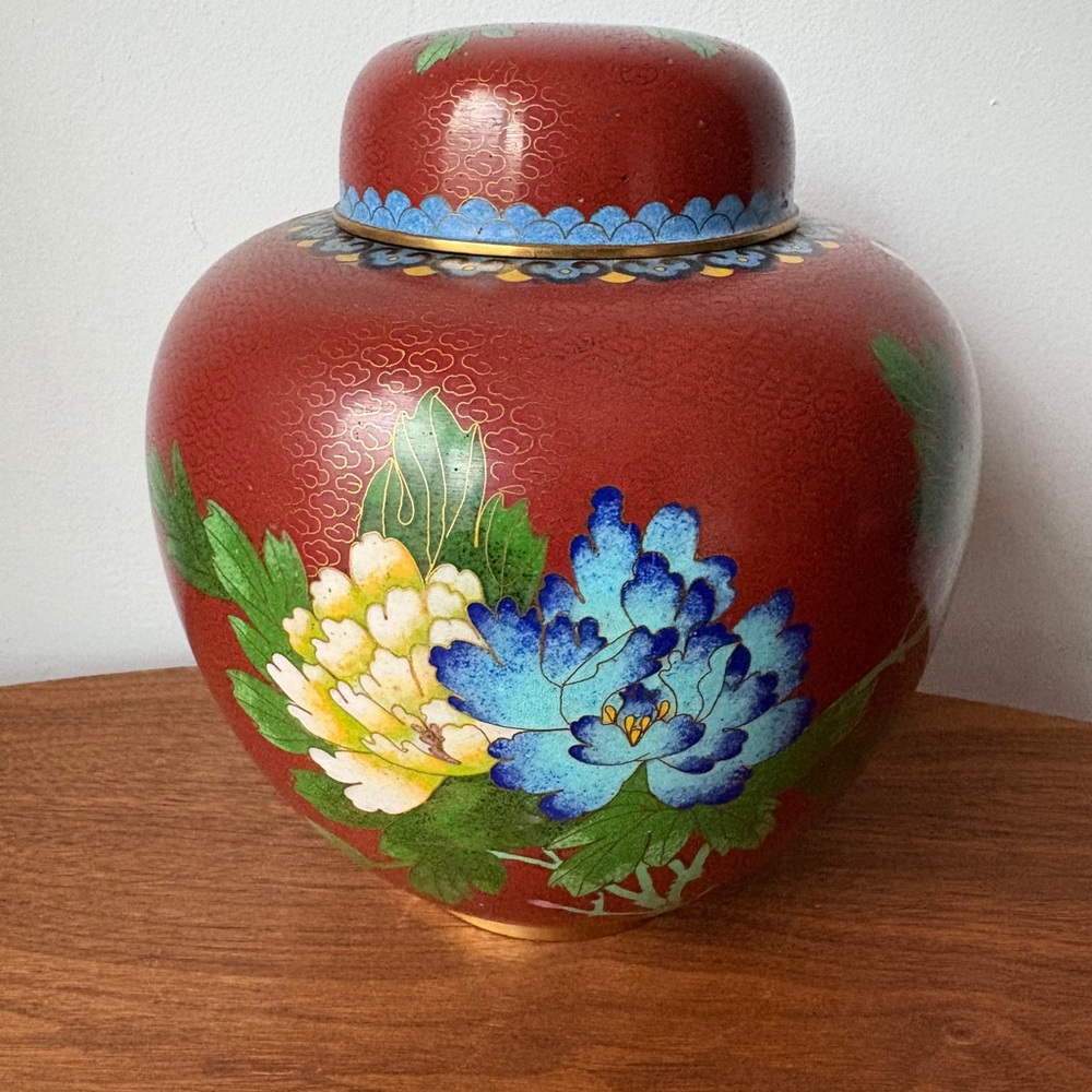 Red Cloisonné Vase with Floral Design Heirloom Asian Minimalism Decor Mod Home